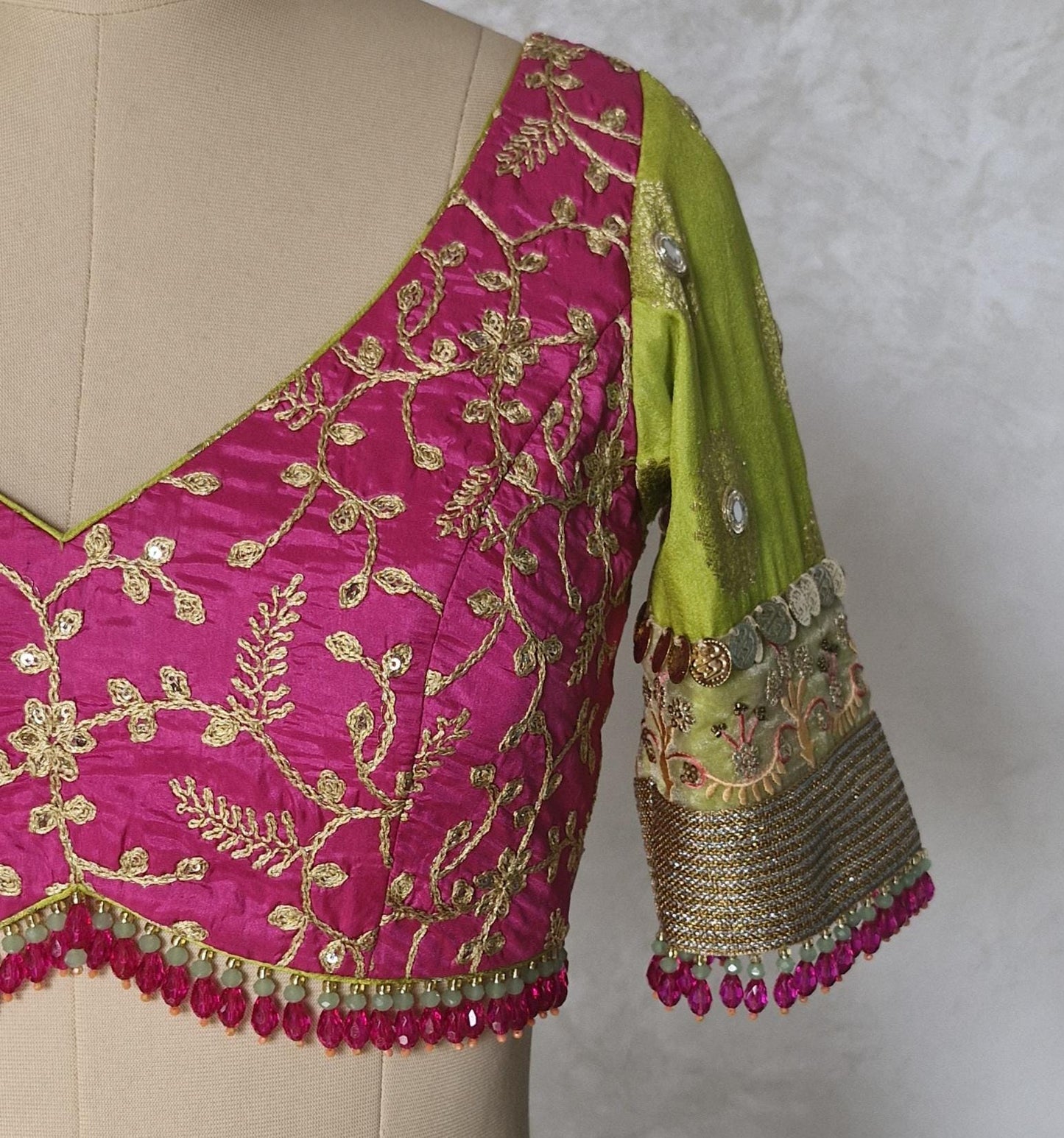 Embroidered Silk Pink and Lime Green Blouse DVBL_455
