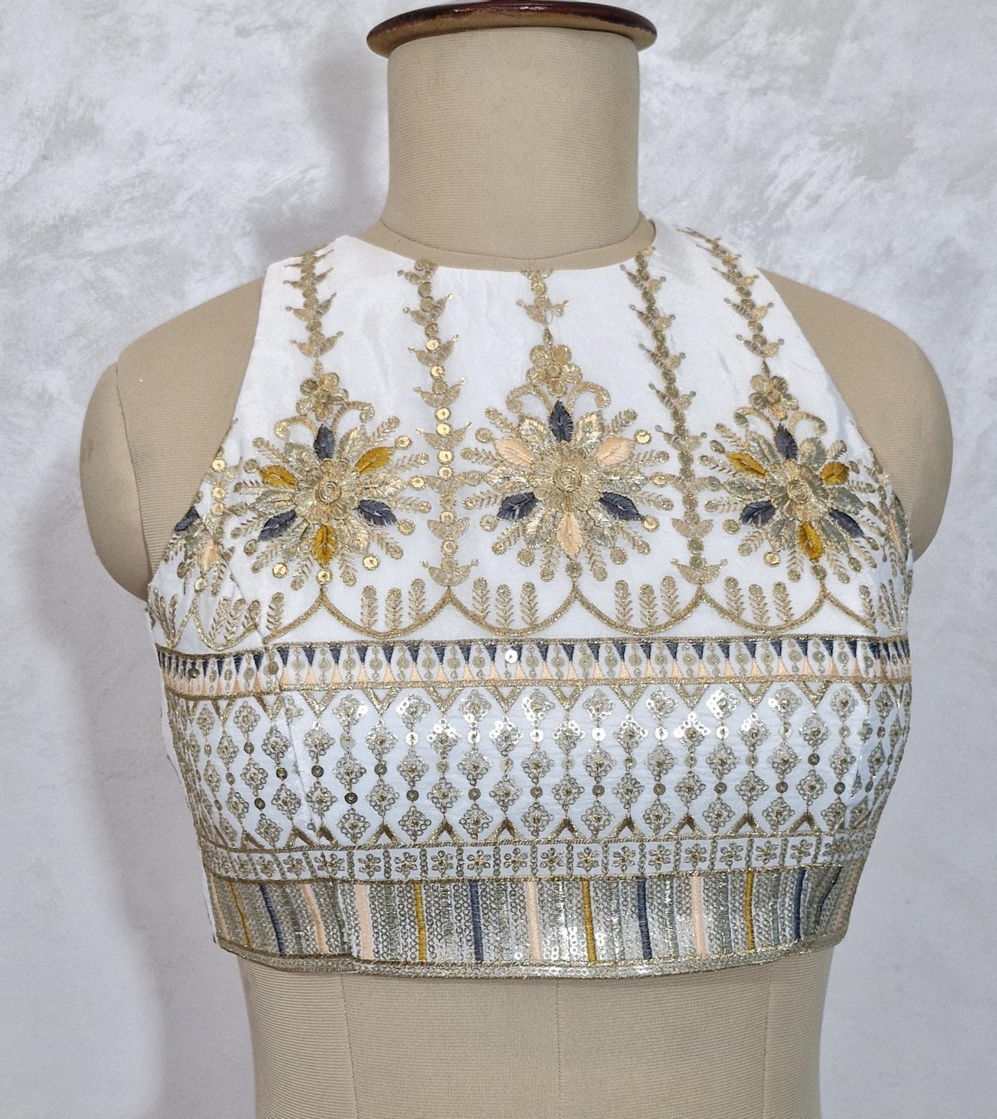 Ivory Embroidered Crepe Silk Halter Neck Blouse DVBL_445