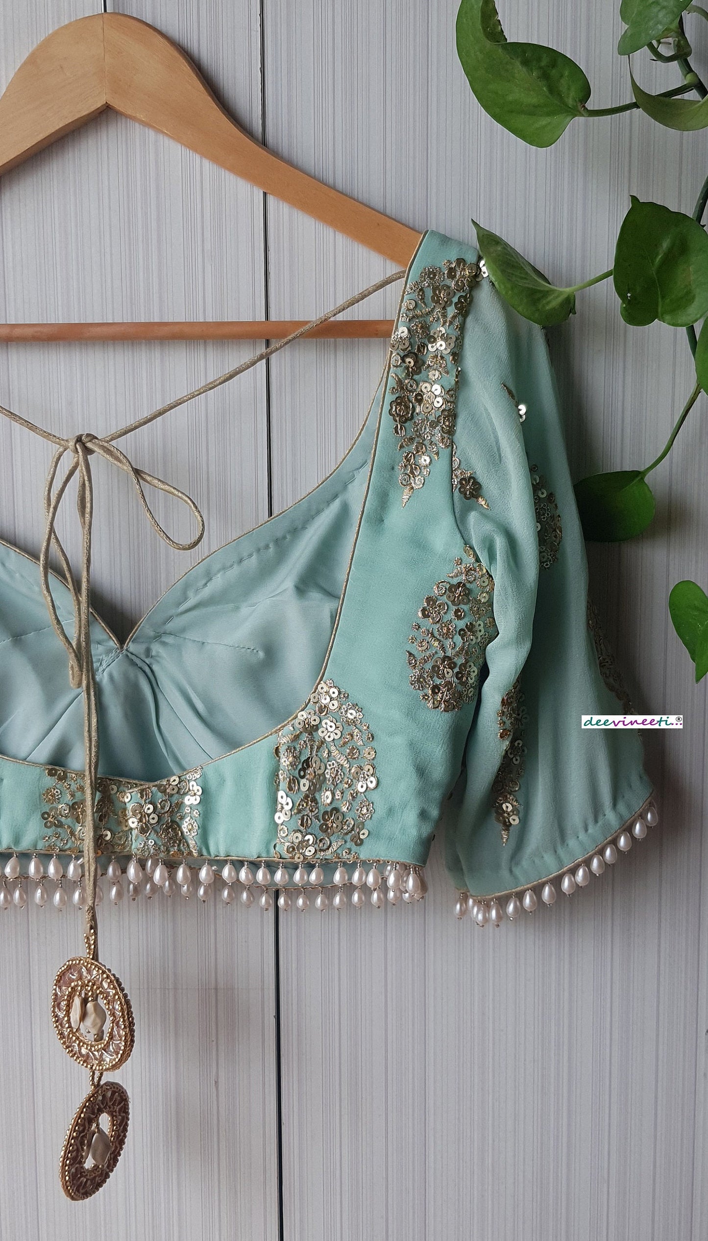 Sea Green Embroidered Sweetheart Neck Blouse DVBL_258