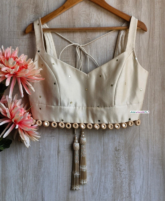 Cream Linen Tissue Silk Semi Sweetheart Neck Blouse DVBL_351