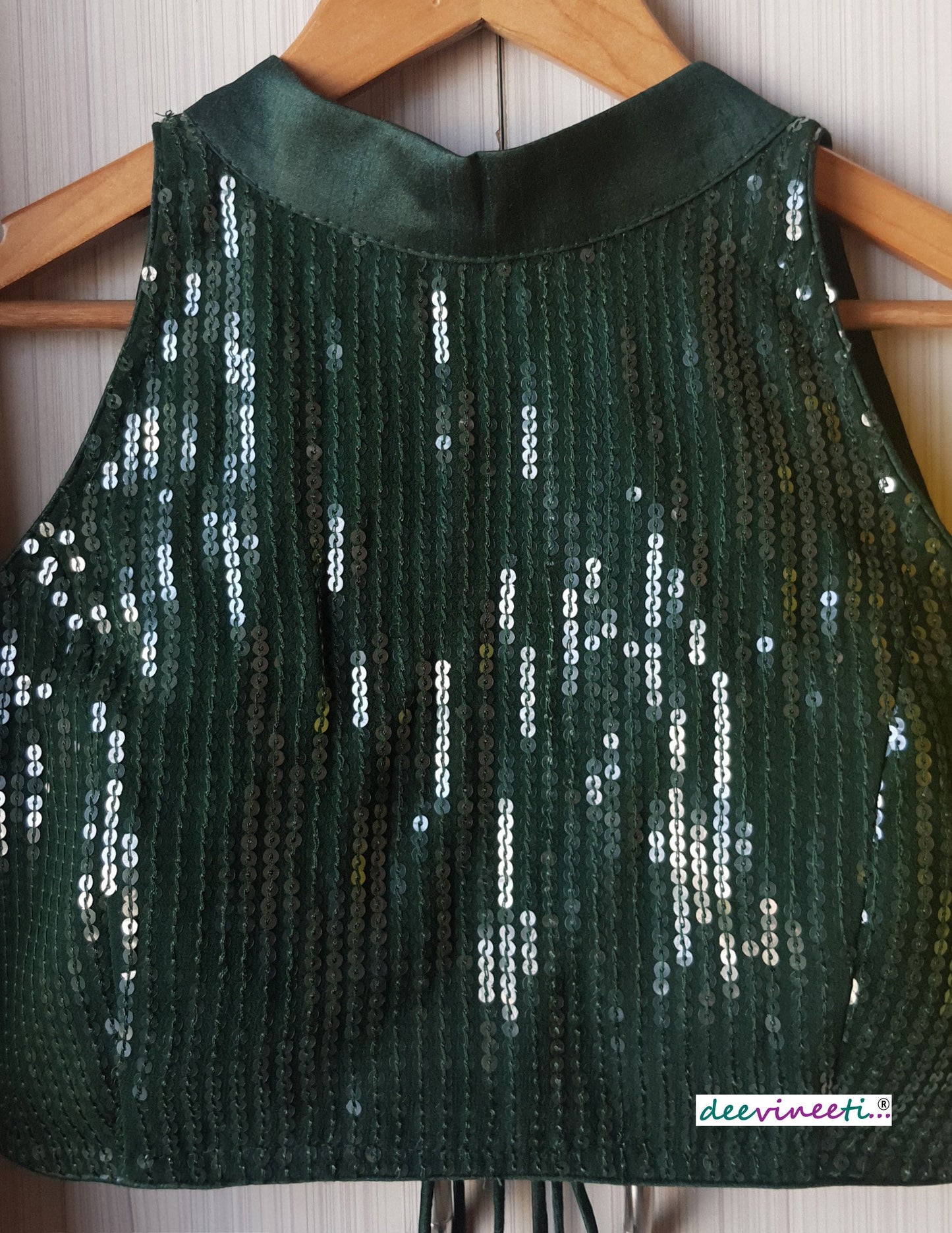 Designer Dark Green Sequins Georgette Blouse High Collar DVBL_149