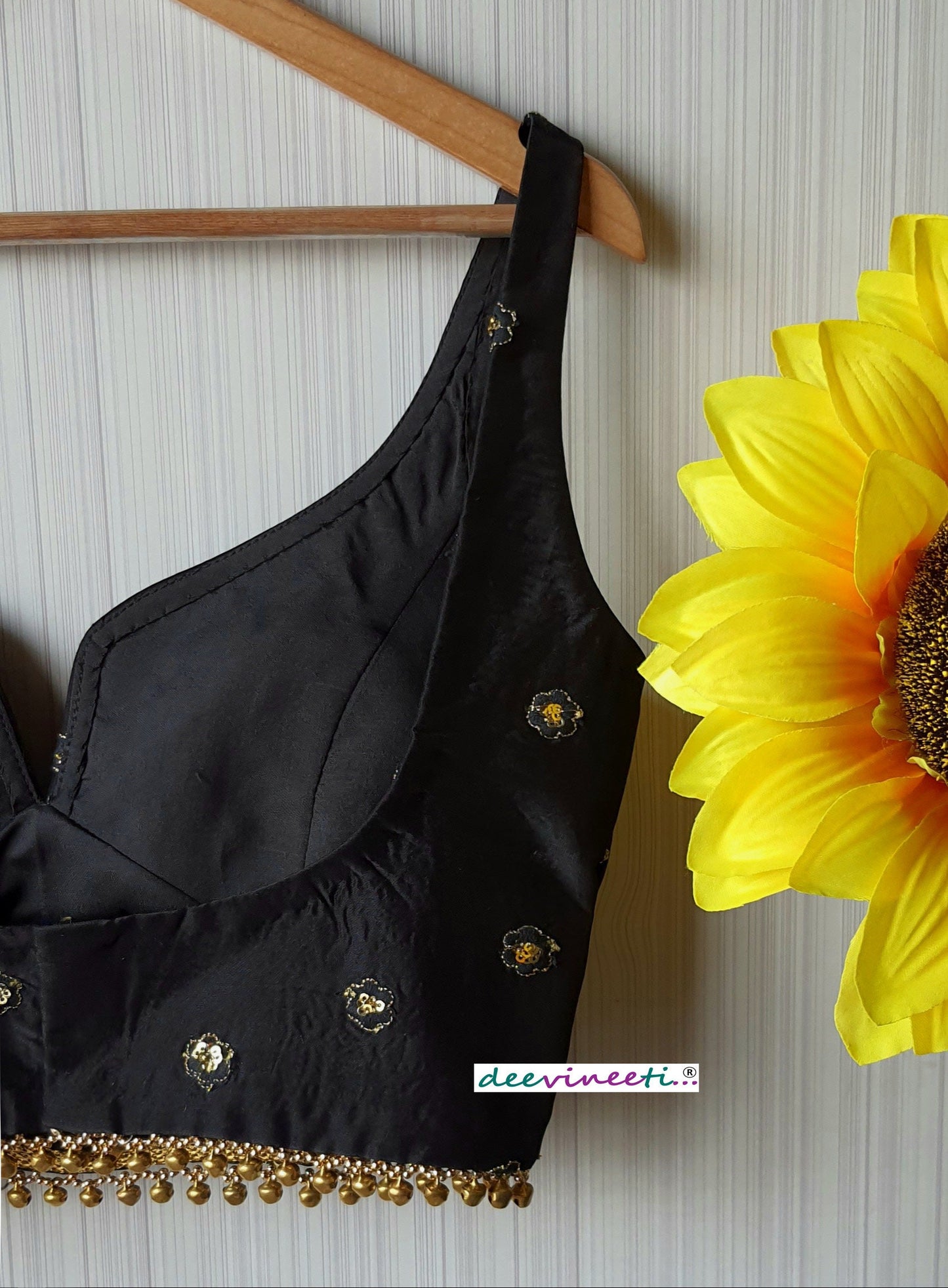 Black Silk Embroidered Sweetheart Neck Blouse DVBL_091