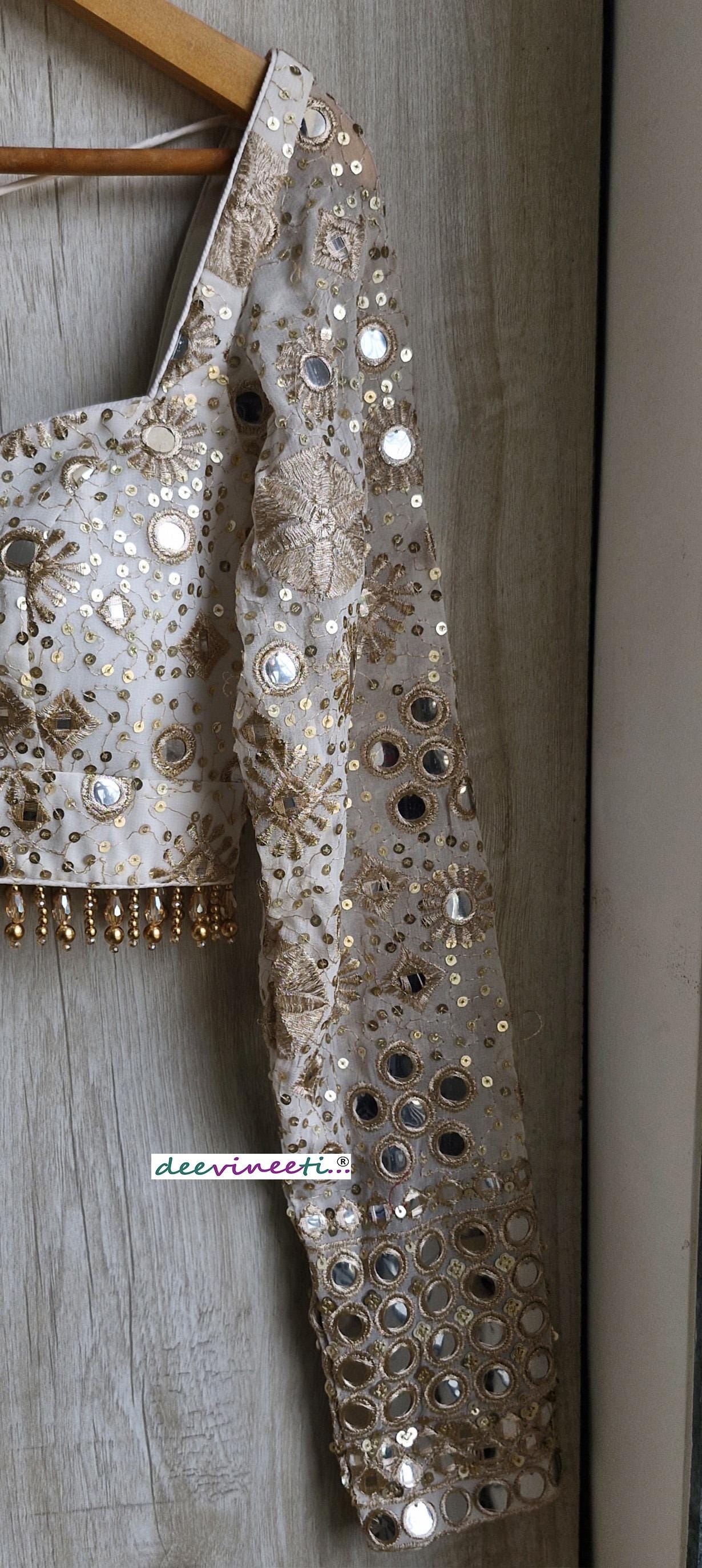 Ivory and Gold Embroidered Sweetheart Neck Long Sleeves Blouse DVBL_373