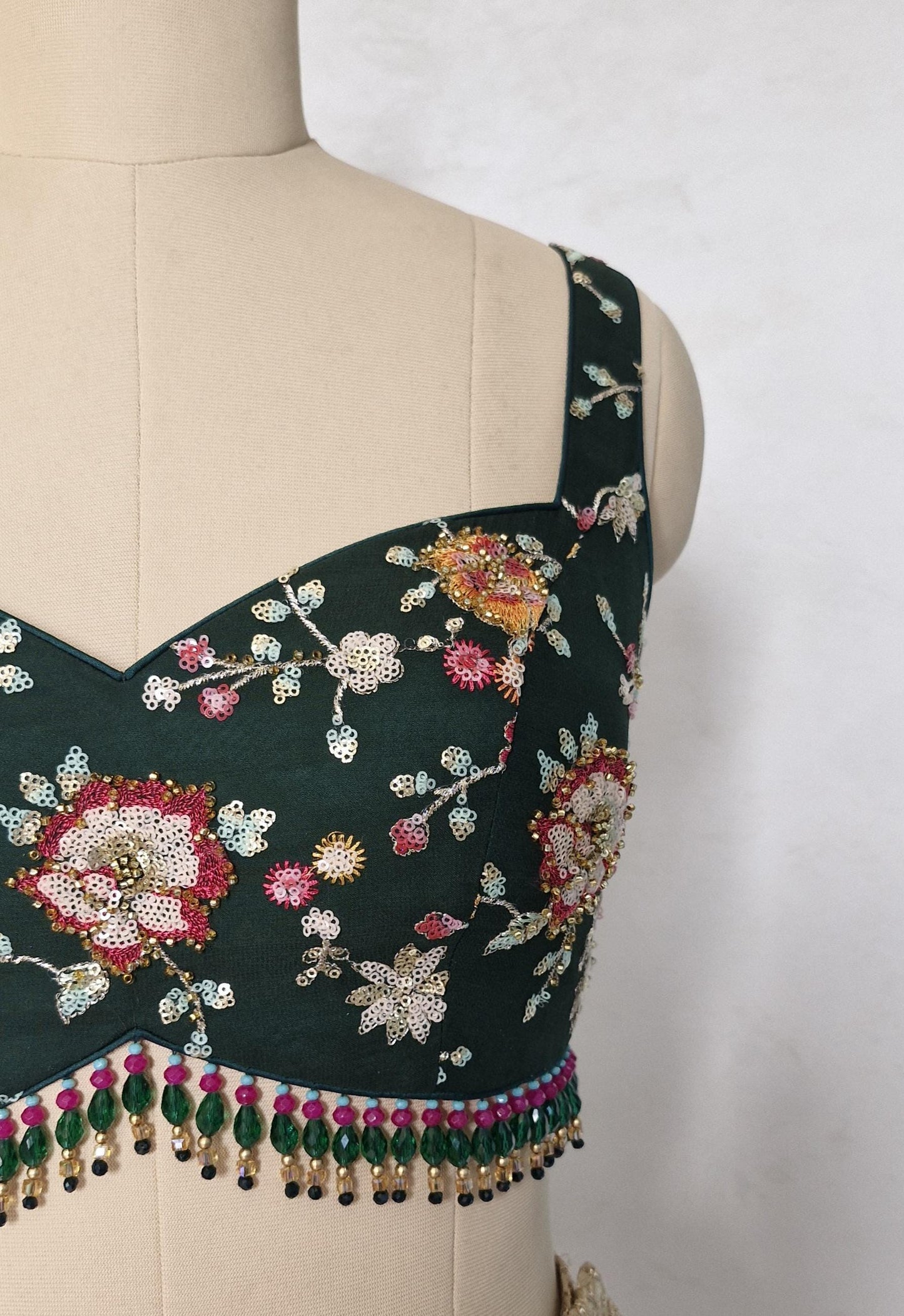 Bottle Green Embroidered Sweetheart Neck Blouse DVBL_441.