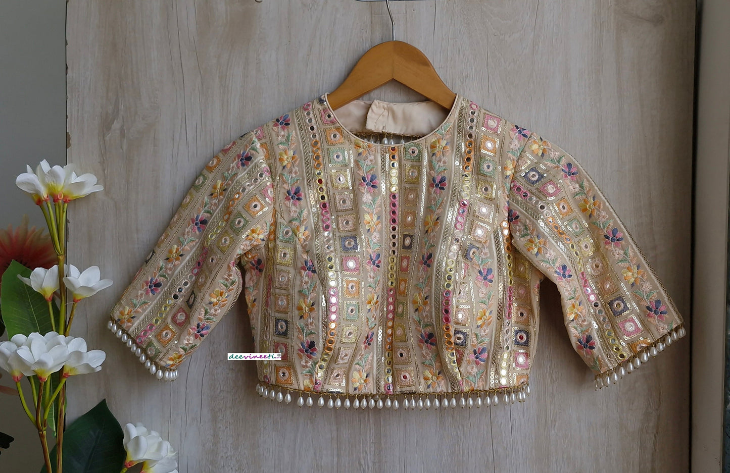 Beige Embroidered Georgette Jewel Neck Blouse DVBL_309