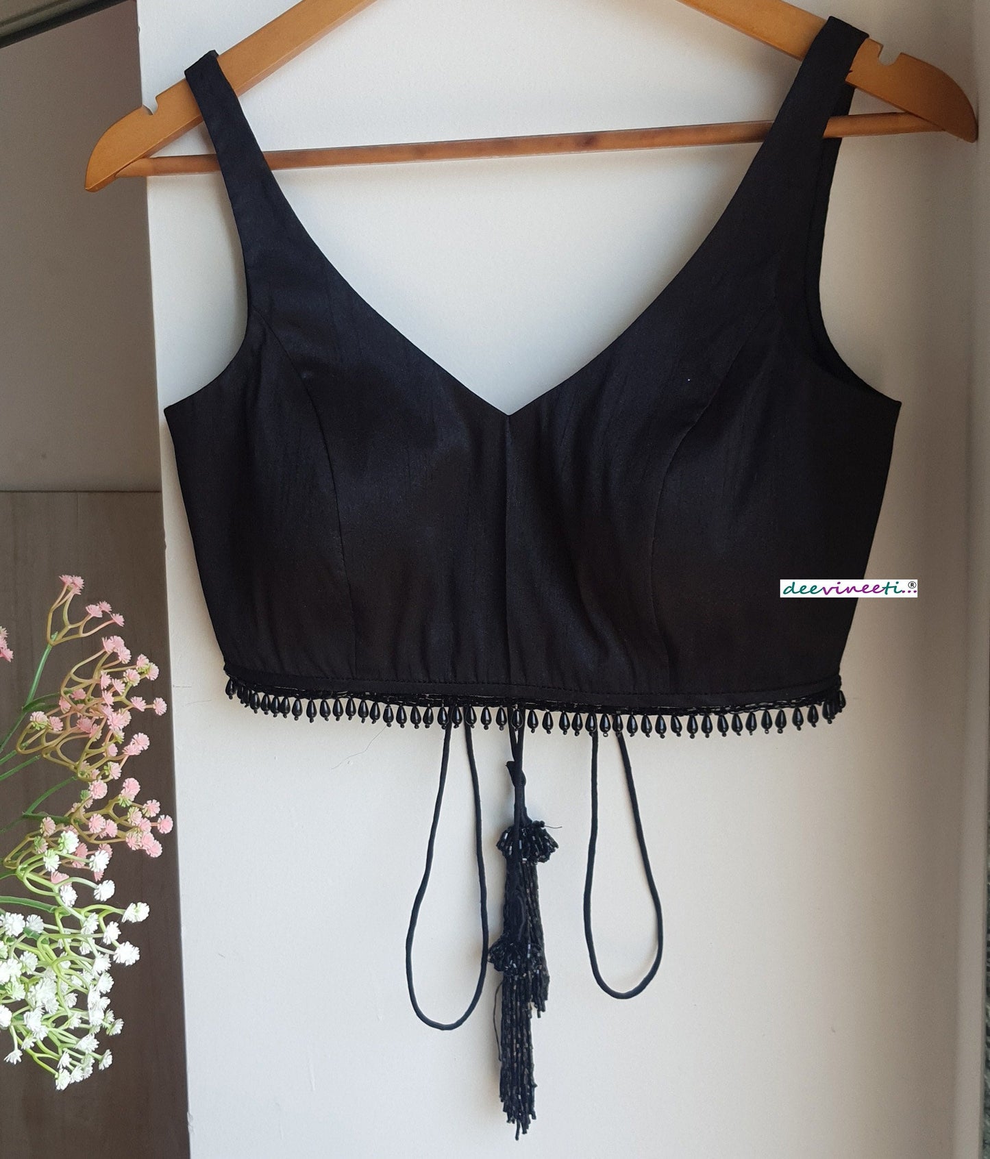 Designer Black Raw Silk Blouse Deep V Neck with Fringes DVBL_327