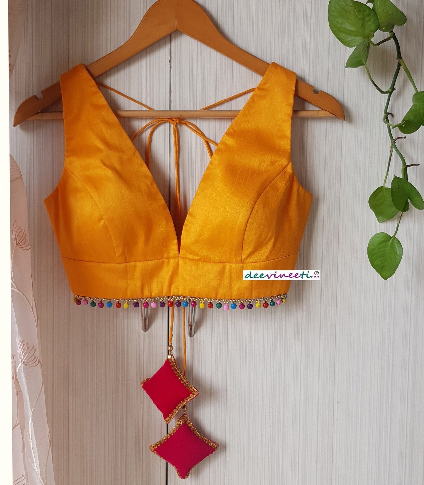 Amber Yellow Raw Silk Plunge Neckline Blouse with Multicolor Fringes DVBL_261