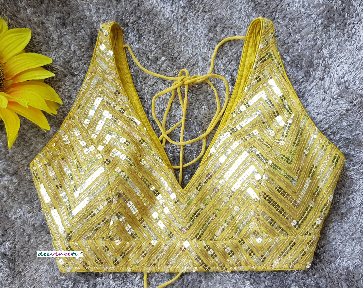 Yellow Sequins Embroidered Blouse Deep V Neck Blouse DVBL_217