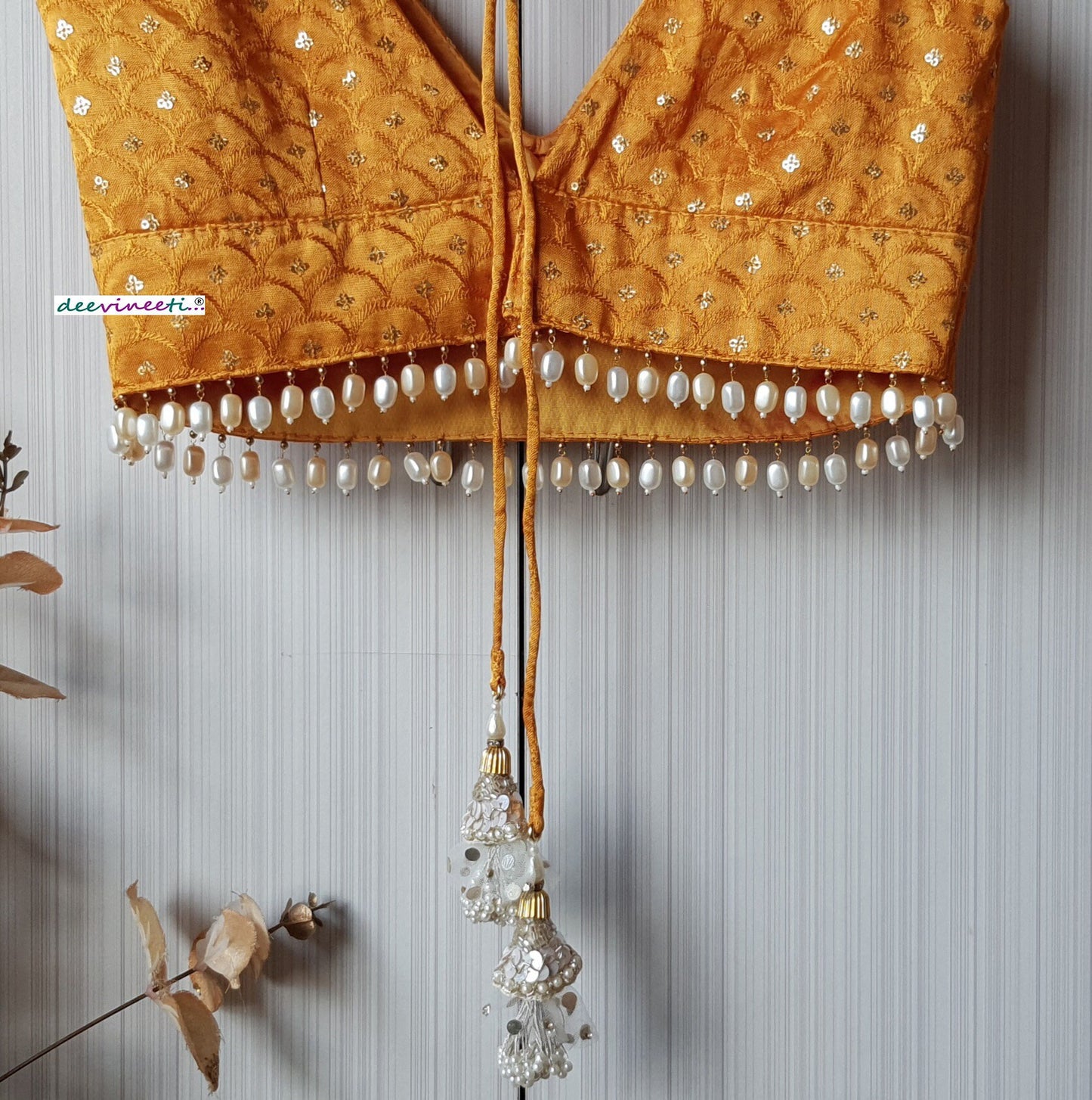 Mustard Embroidered Gajji Silk Deep V Neck Blouse DVBL_209