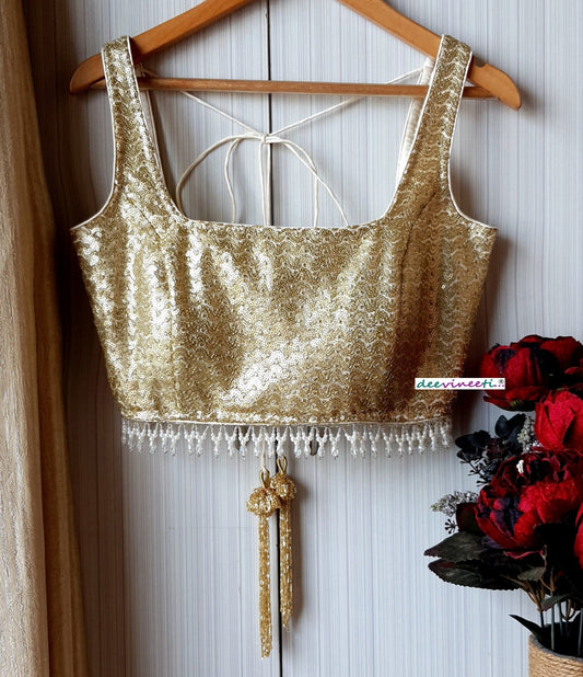 Gold Sequins Embroidered Net Square Neck Blouse DVBL_198