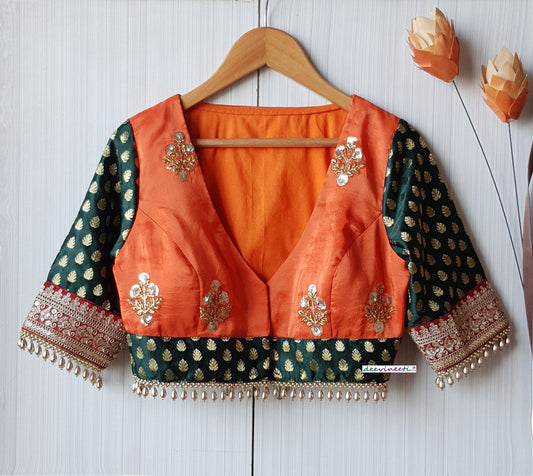 Orange and Green Silk Embroidered  Deep V Neck Blouse  DVBL_218