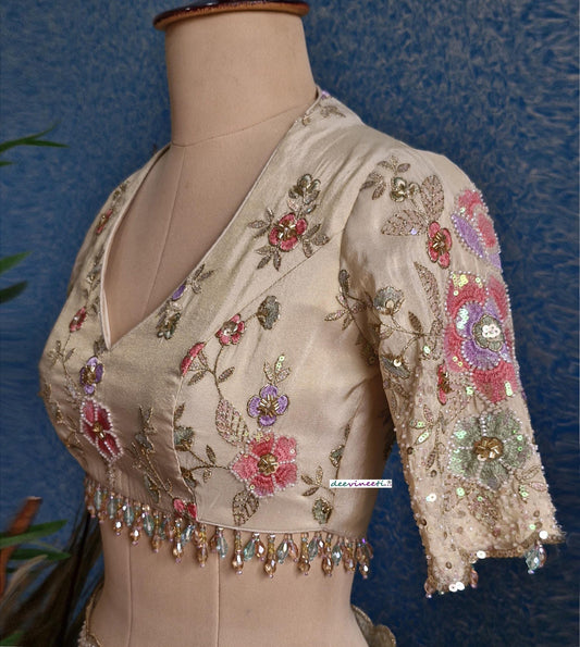 Embroidered Tissue Silk Deep V Neck Blouse DVBL_370