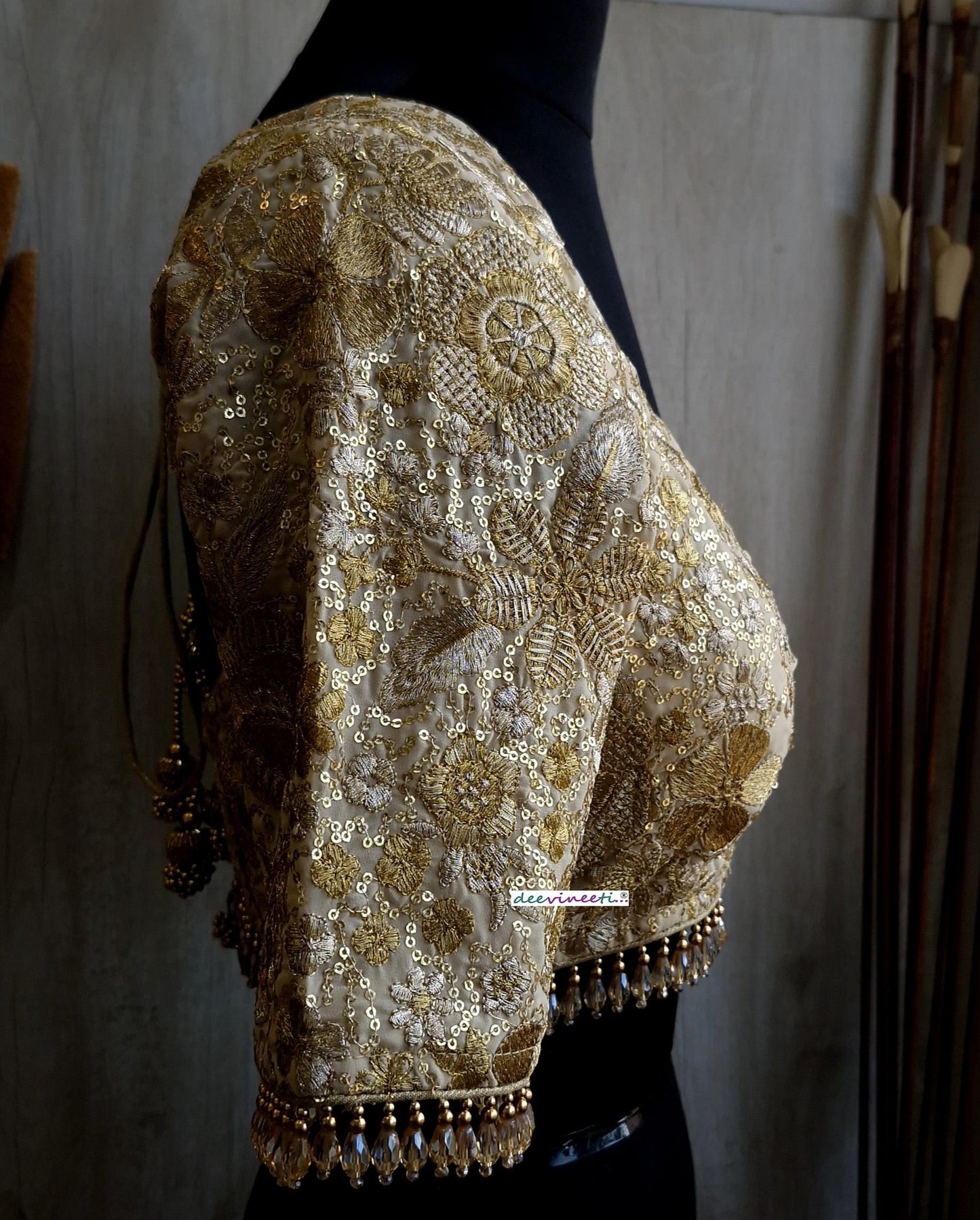 Beige Gold Embroidered Deep Sweetheart Neck Blouse DVBL_380.