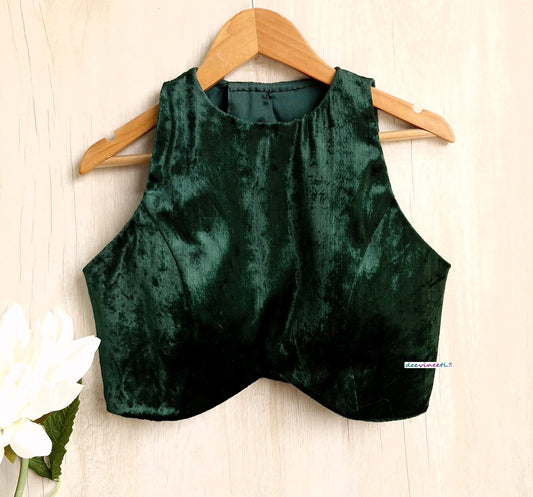 Bottle Green Viscose Velvet Jewel Neck Blouse DVBL_325