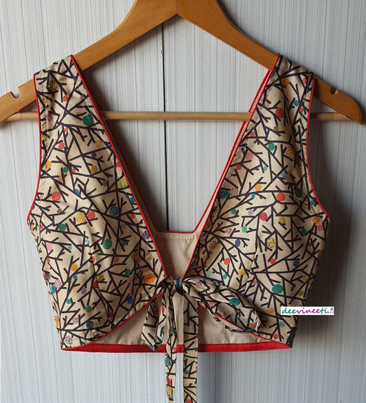 Beige Printed Khadi Silk Blouse Trapeze Neck Blouse DVBL_069