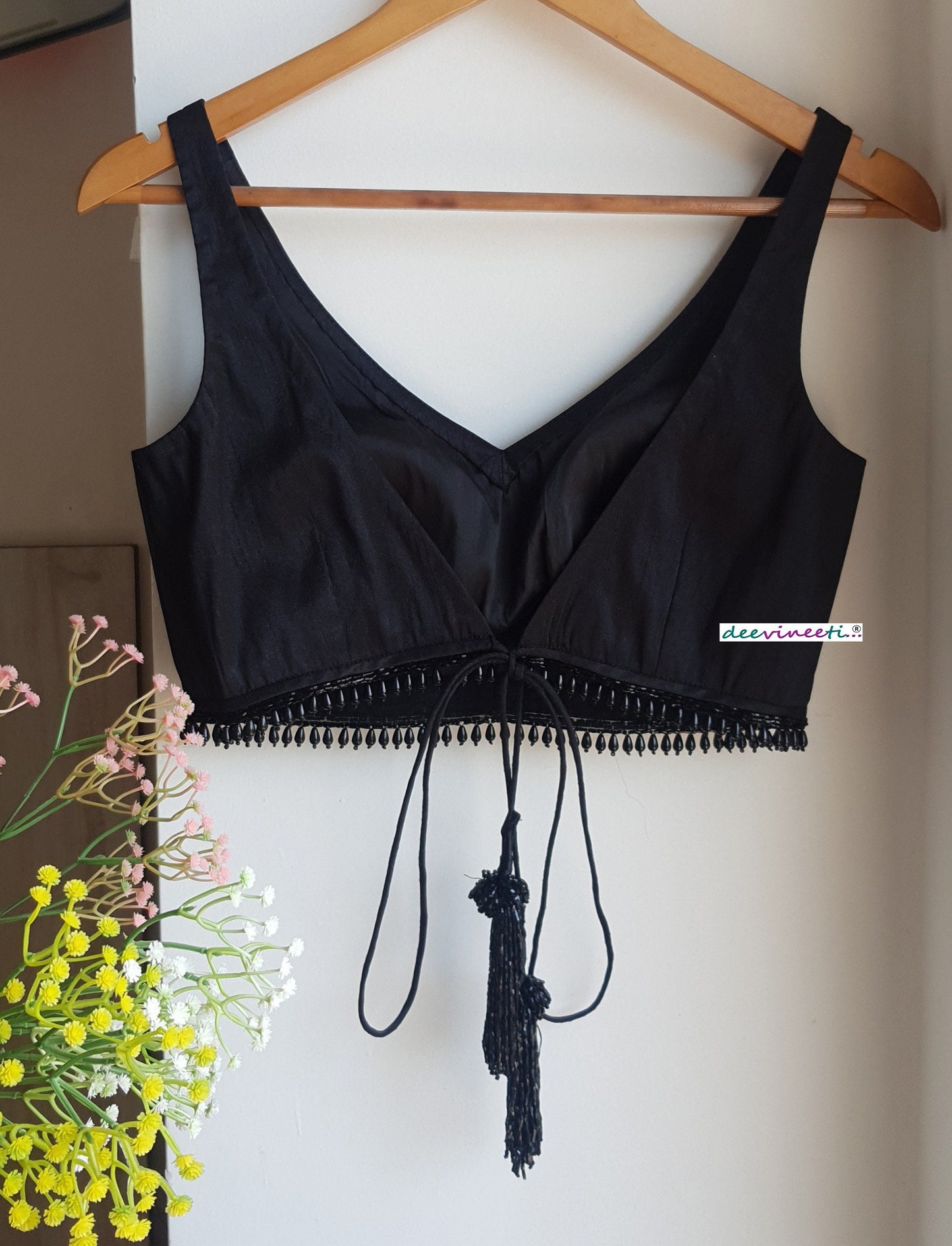 Designer Black Raw Silk Blouse Deep V Neck with Fringes DVBL_327