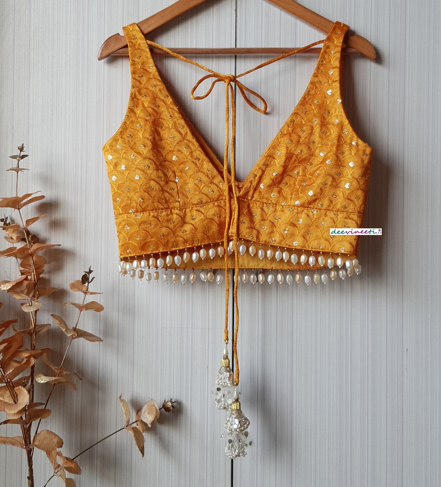 Mustard Embroidered Gajji Silk Deep V Neck Blouse DVBL_209