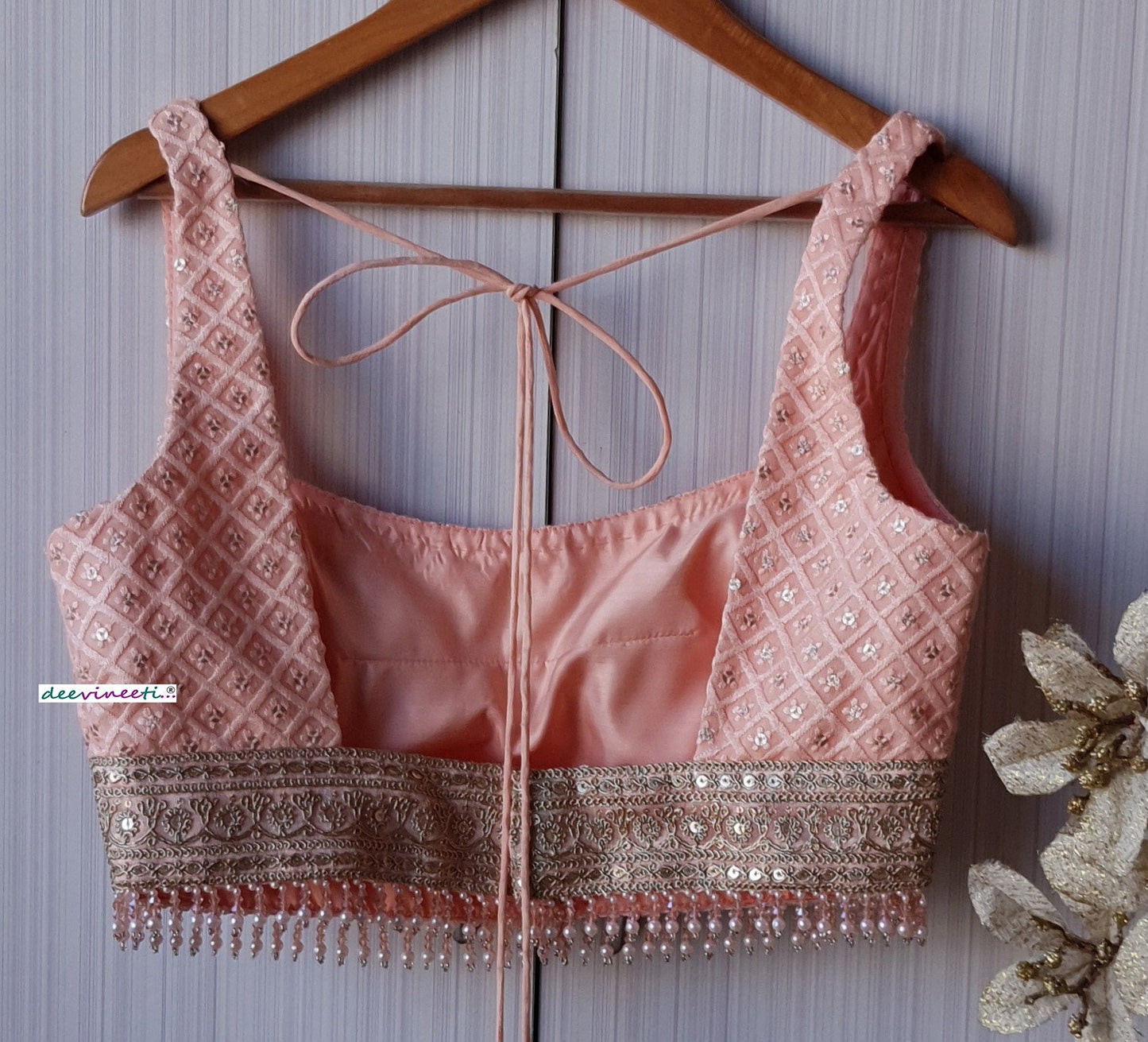 Peach Embroidered Broad U Neck Blouse DVBL_229
