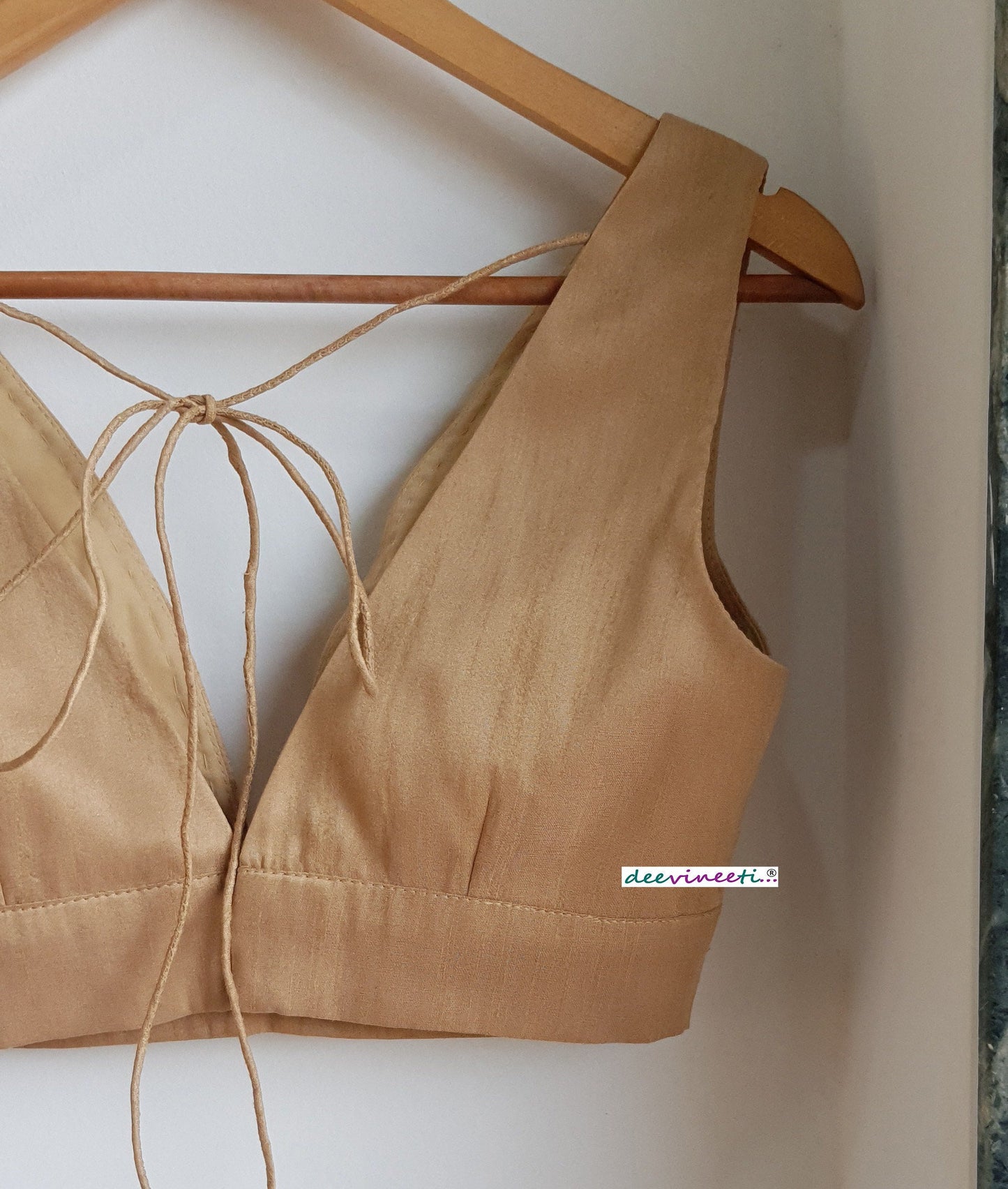 Raw Silk Blouse Plunge Neck Solid Blouse DVBL_273