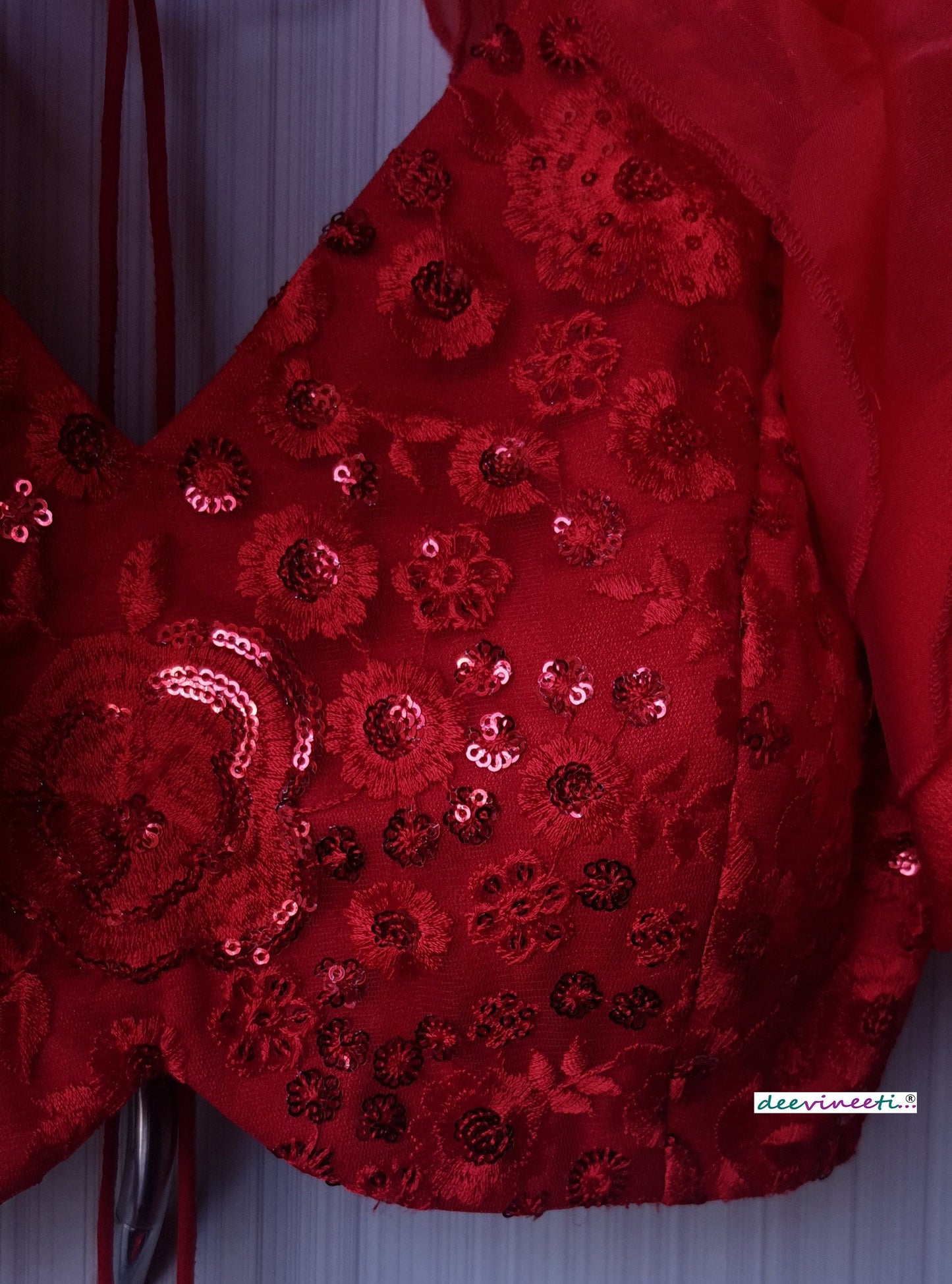Red Embroidered  Deep V Neck Ruffled Sleeves Blouse DVBL_183
