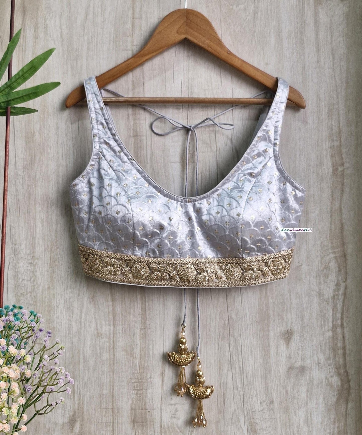 Grey Embroidered Gajji Silk V Neck Blouse DVBL_383