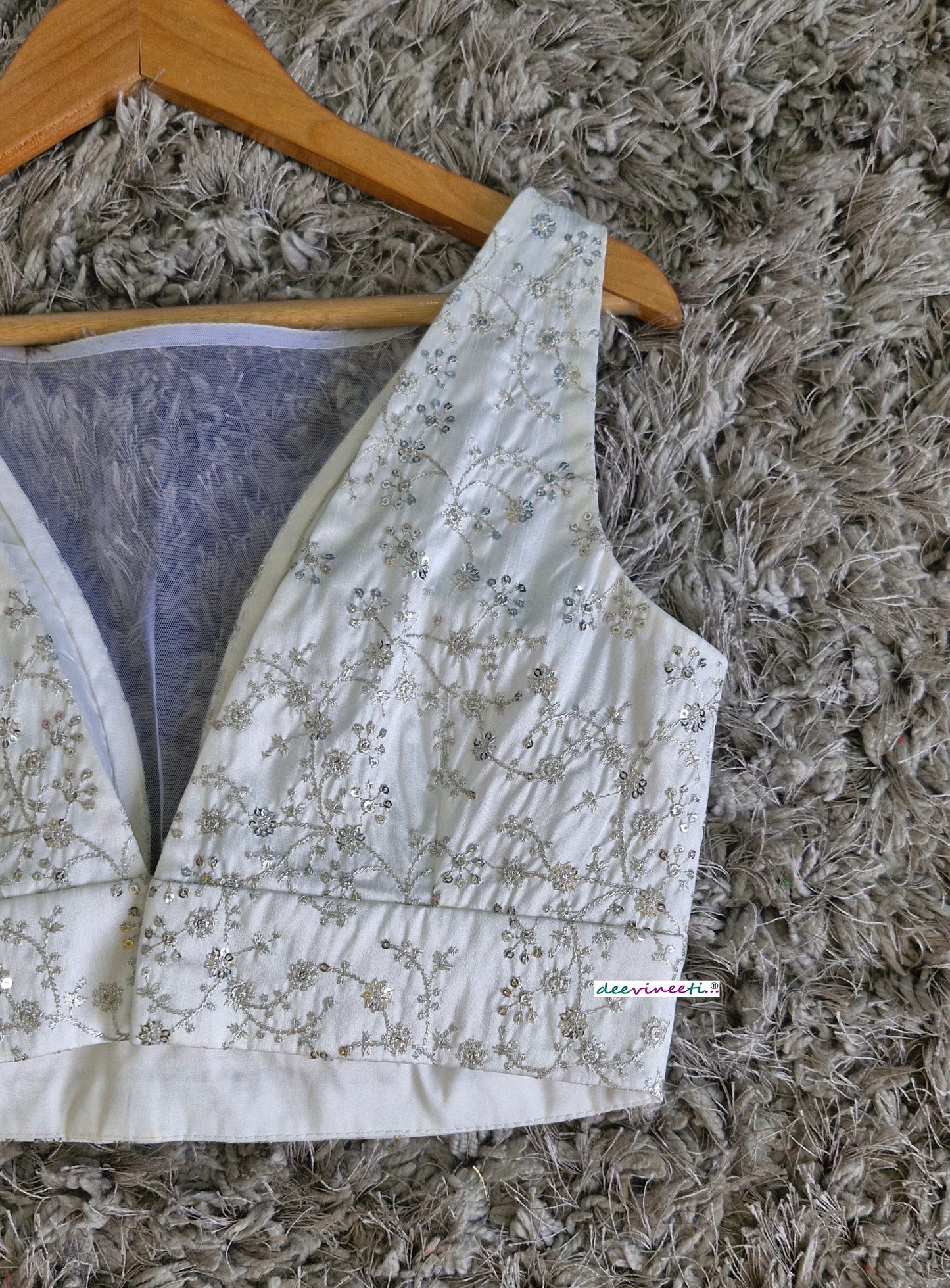 White Embroidered Silk Boat Neck Blouse DVBL_344