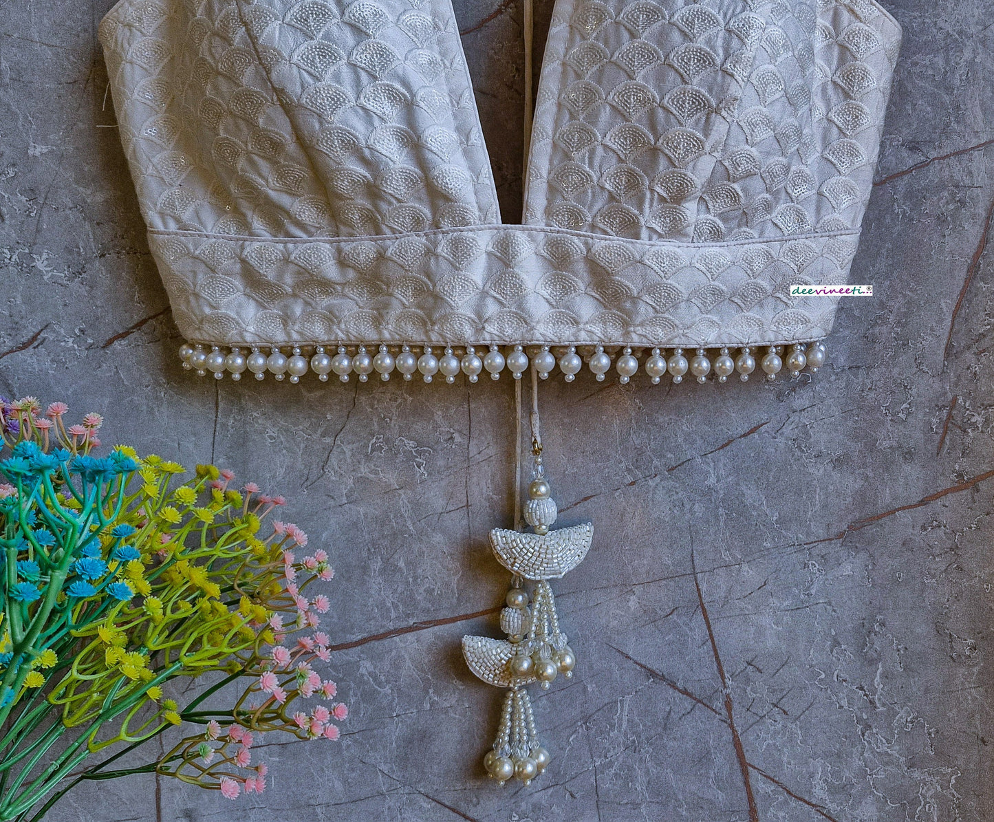 Ivory Embroidered Chanderi Plunge Neckline Blouse DVBL_331