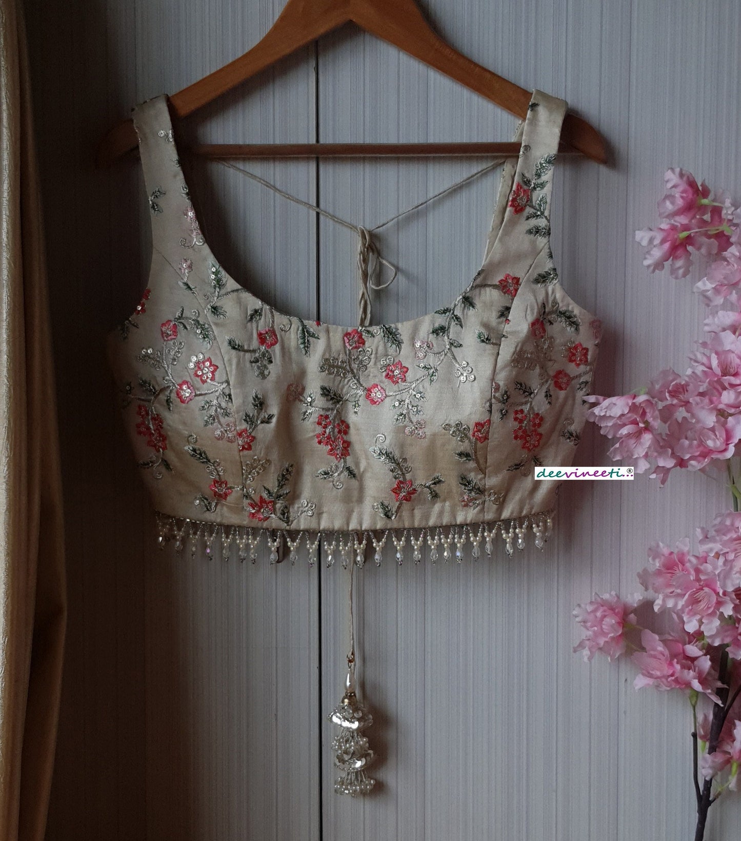 Cream Embroidered Silk U Neck  Blouse DVBL_191