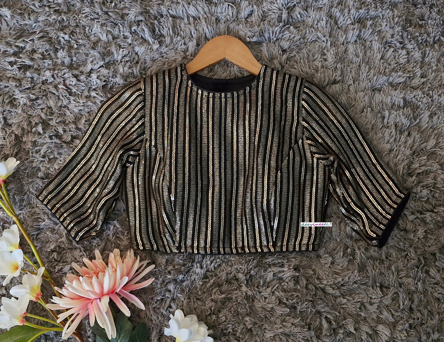 Black and Gold Sequins Embroidered Jewel Neck Blouse DVBL_350