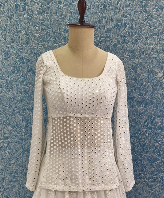 Ivory Faux Mirror Embroidered Georgette Peplum Top DVBL_419