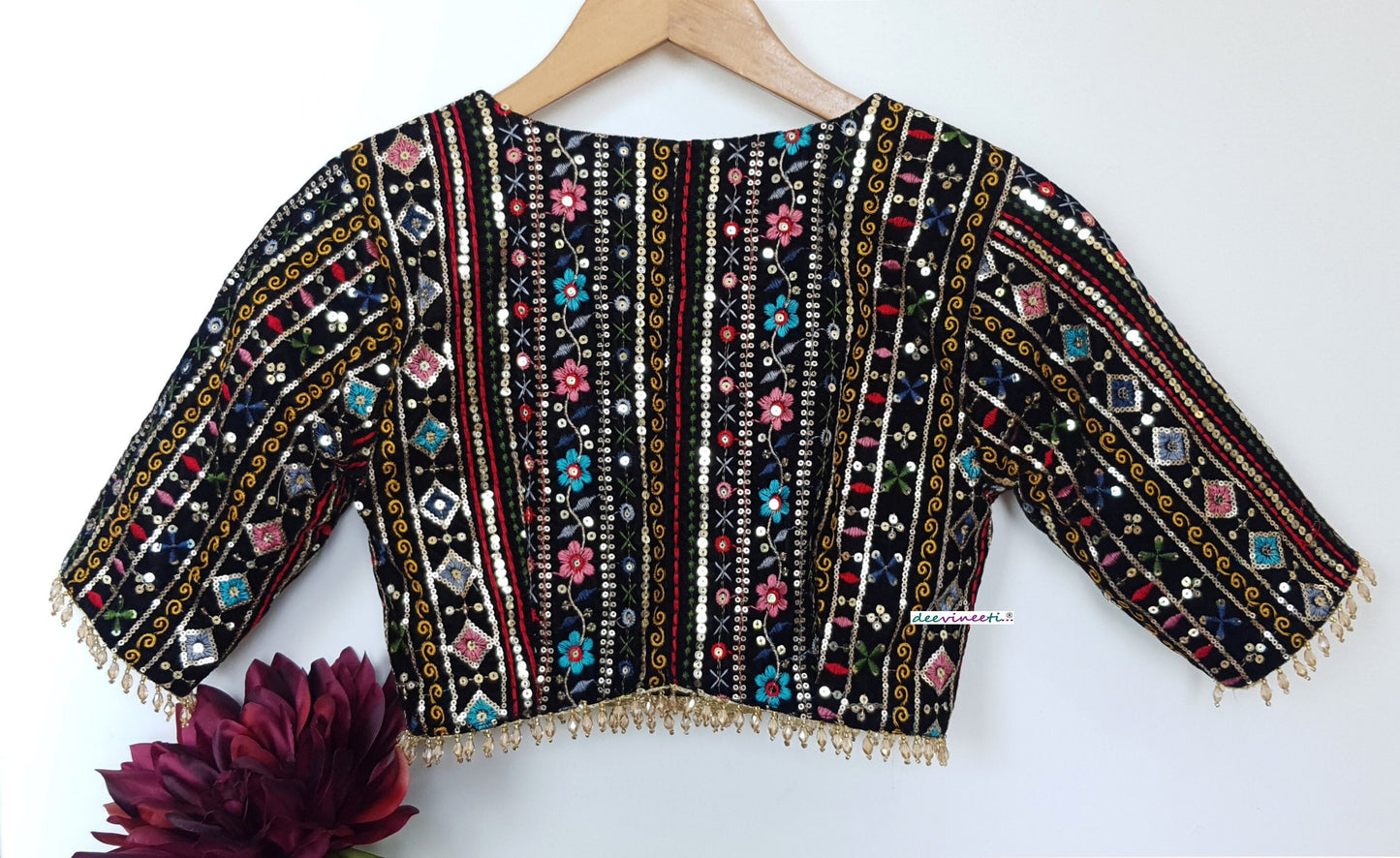 Black Embroidered Velvet Plunge Neckline Blouse DVBL_294