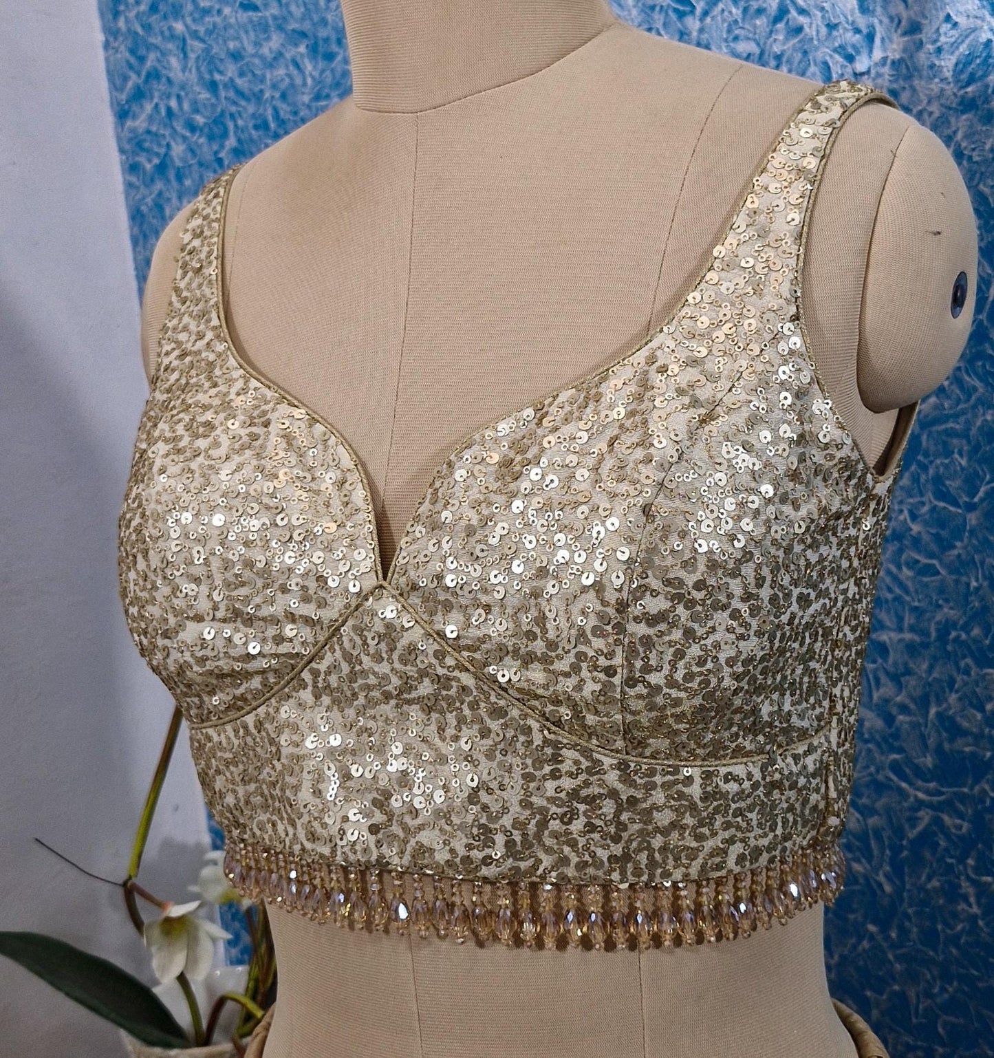 Light Gold Sequins Tissue Silk Sweetheart Neck Blouse DVBL_435