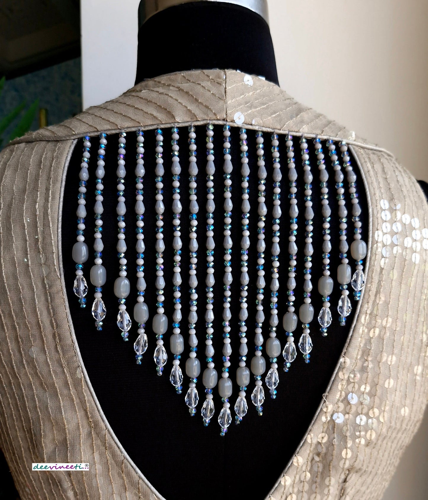 Grey Sequins Embroidered V Neck Blouse DVBL_340