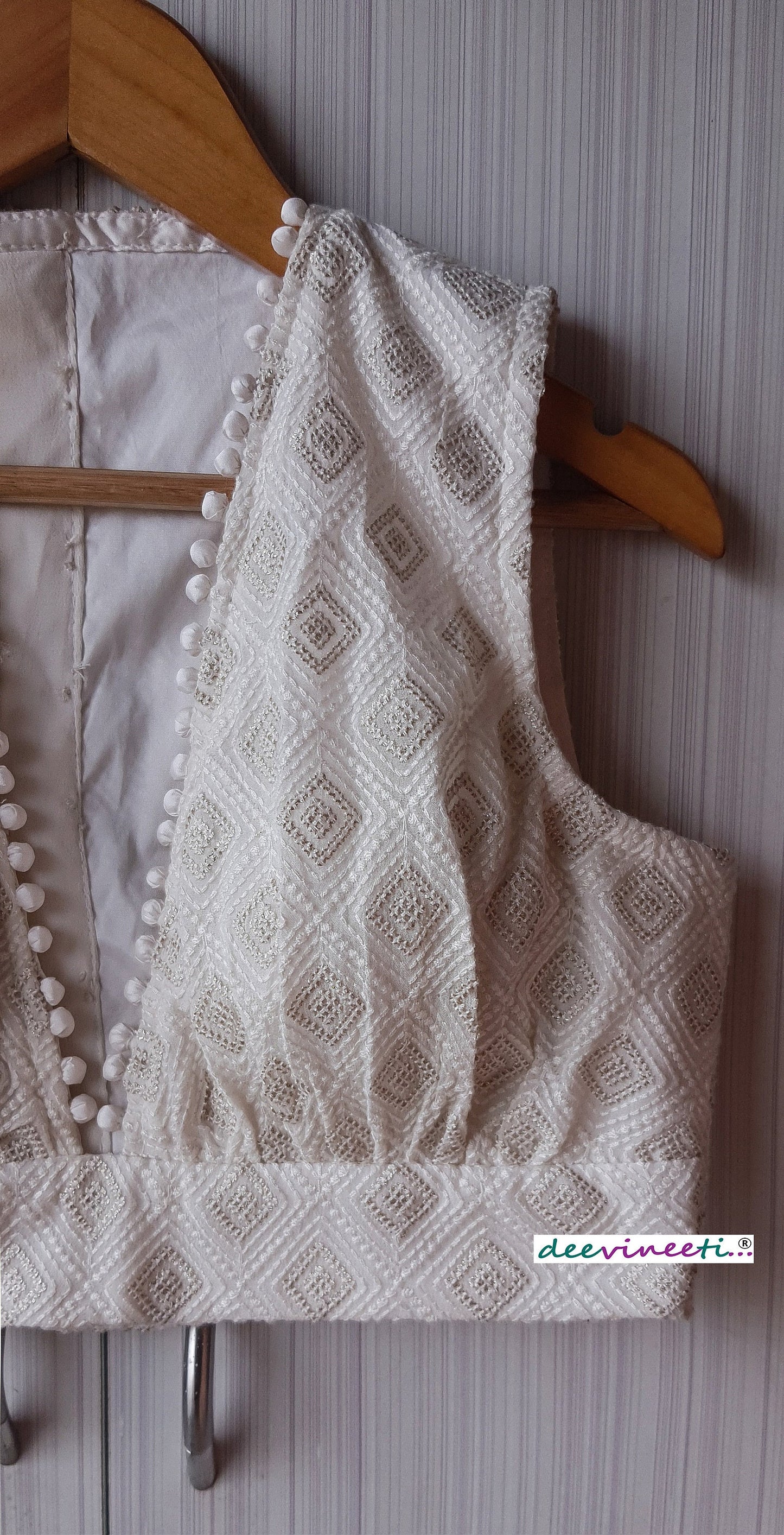 Ivory Chikankari Plunge Neckline Blouse DVBL_249