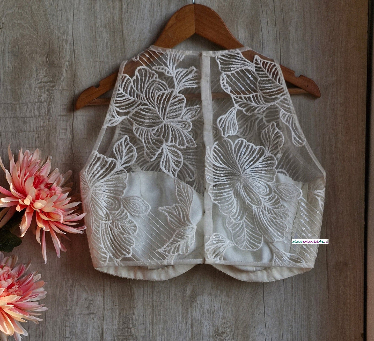 Off-White Embroidered Net Jewel Neck Blouse  DVBL_347