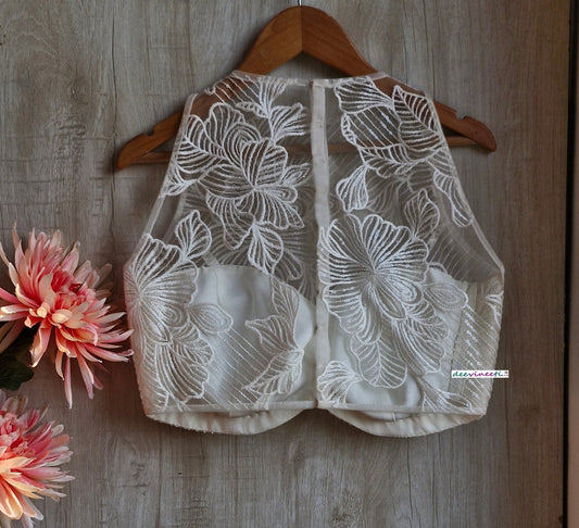 Off-White Embroidered Net Jewel Neck Blouse  DVBL_347