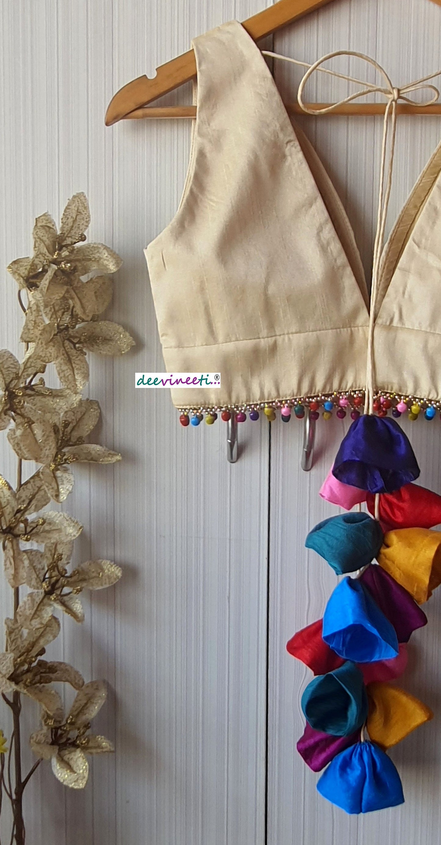 Raw Silk Plunge Neckline Blouse with Multicolor Fringes DVBL_116