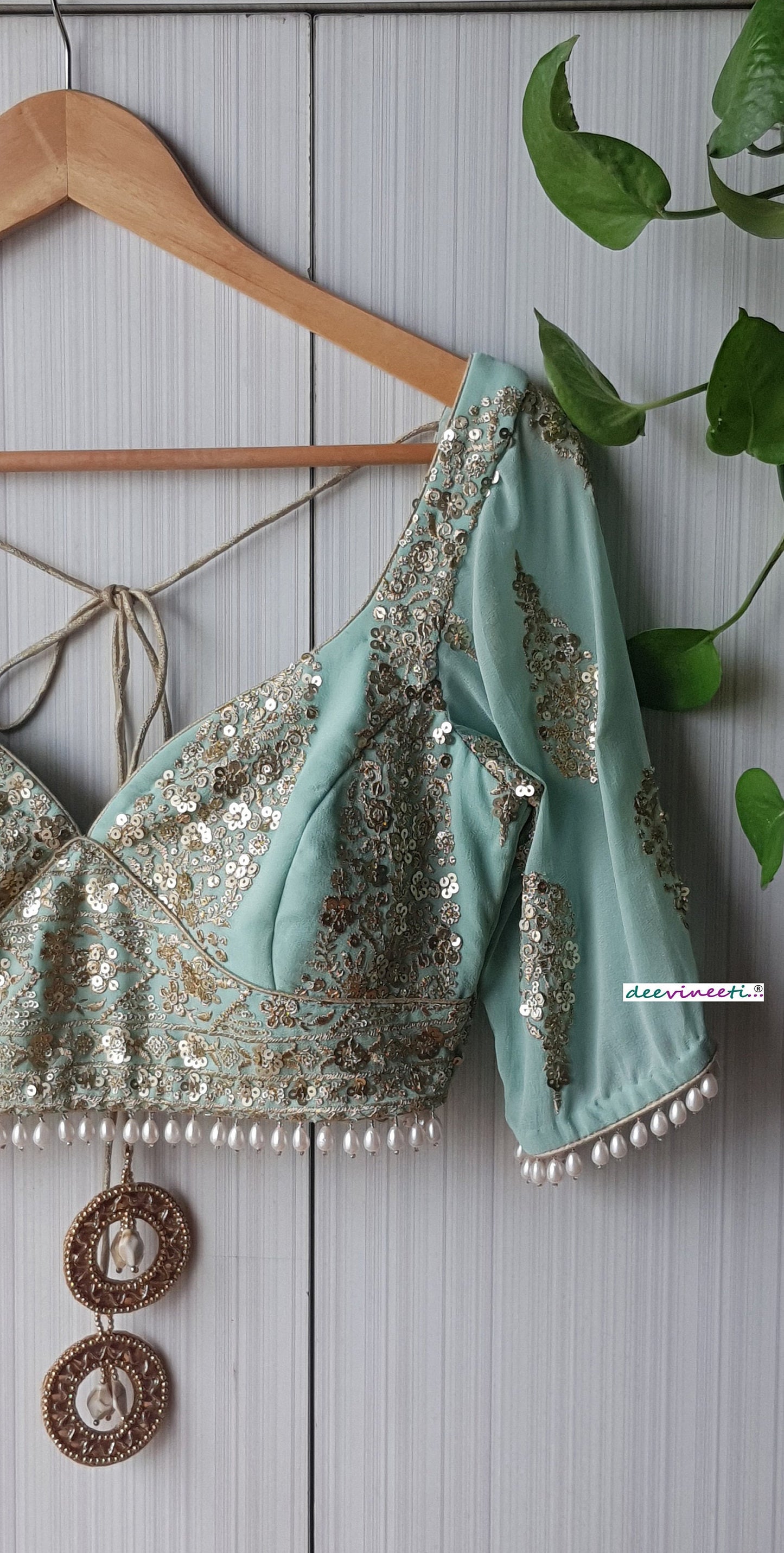 Sea Green Embroidered Sweetheart Neck Blouse DVBL_258