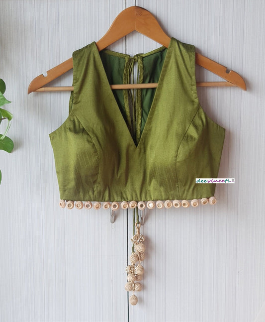 Raw Silk Deep V Neck Blouse with Mirror Fringe  DVBL_251