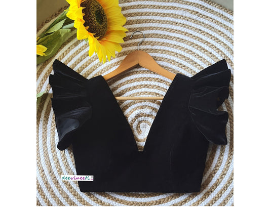 Velvet Deep V Neck Ruffled Sleeves Blouse Black DVBL_078