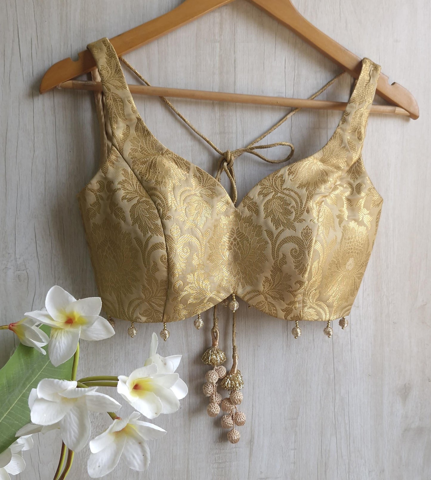 Gold Beige Banarasi Brocade Sweetheart Neck Blouse  DVBL_411