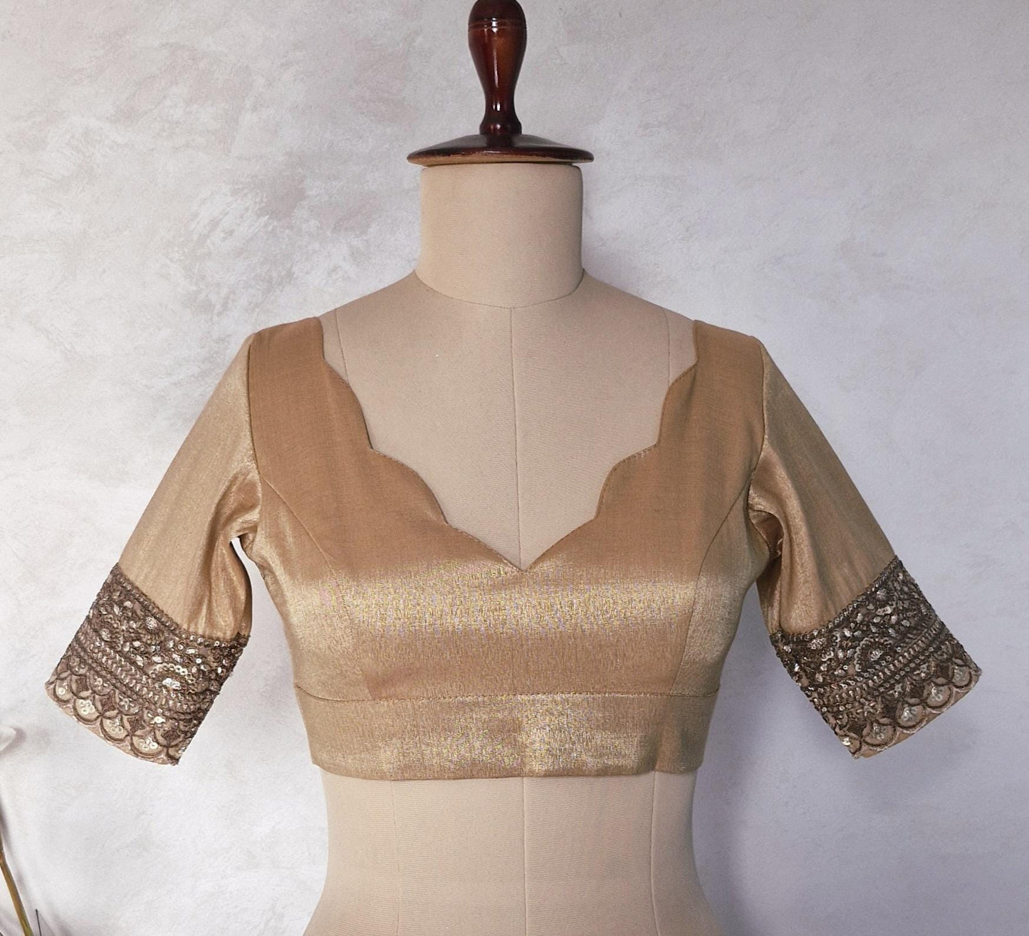 Copper Rose Gold Banarasi Tissue  Scallop Neck  Blouse DVBL_444