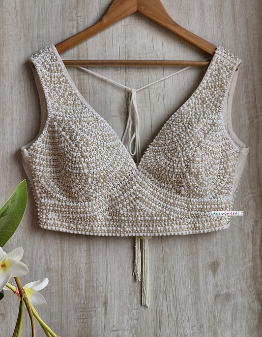 Beads and Sequins Hand Embroidered Ivory V Neck DVBL_385