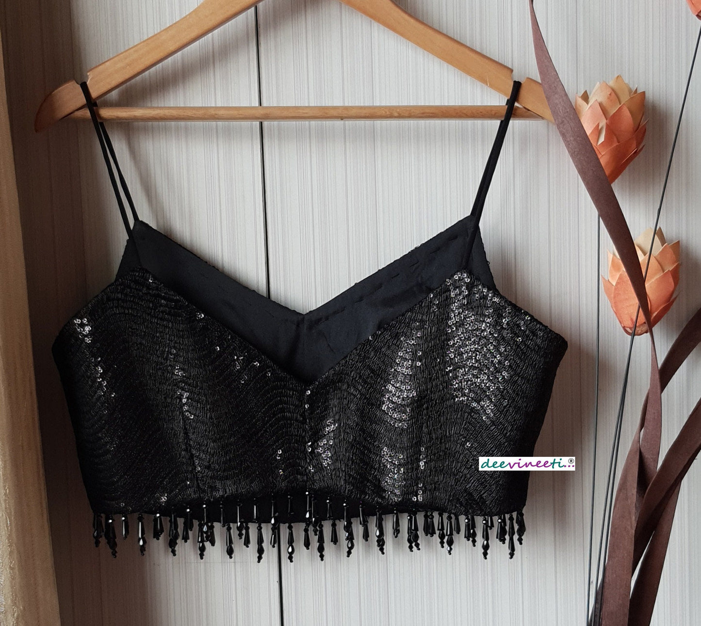 Black Sequins Embroidered Spaghetti Blouse DVBL_179