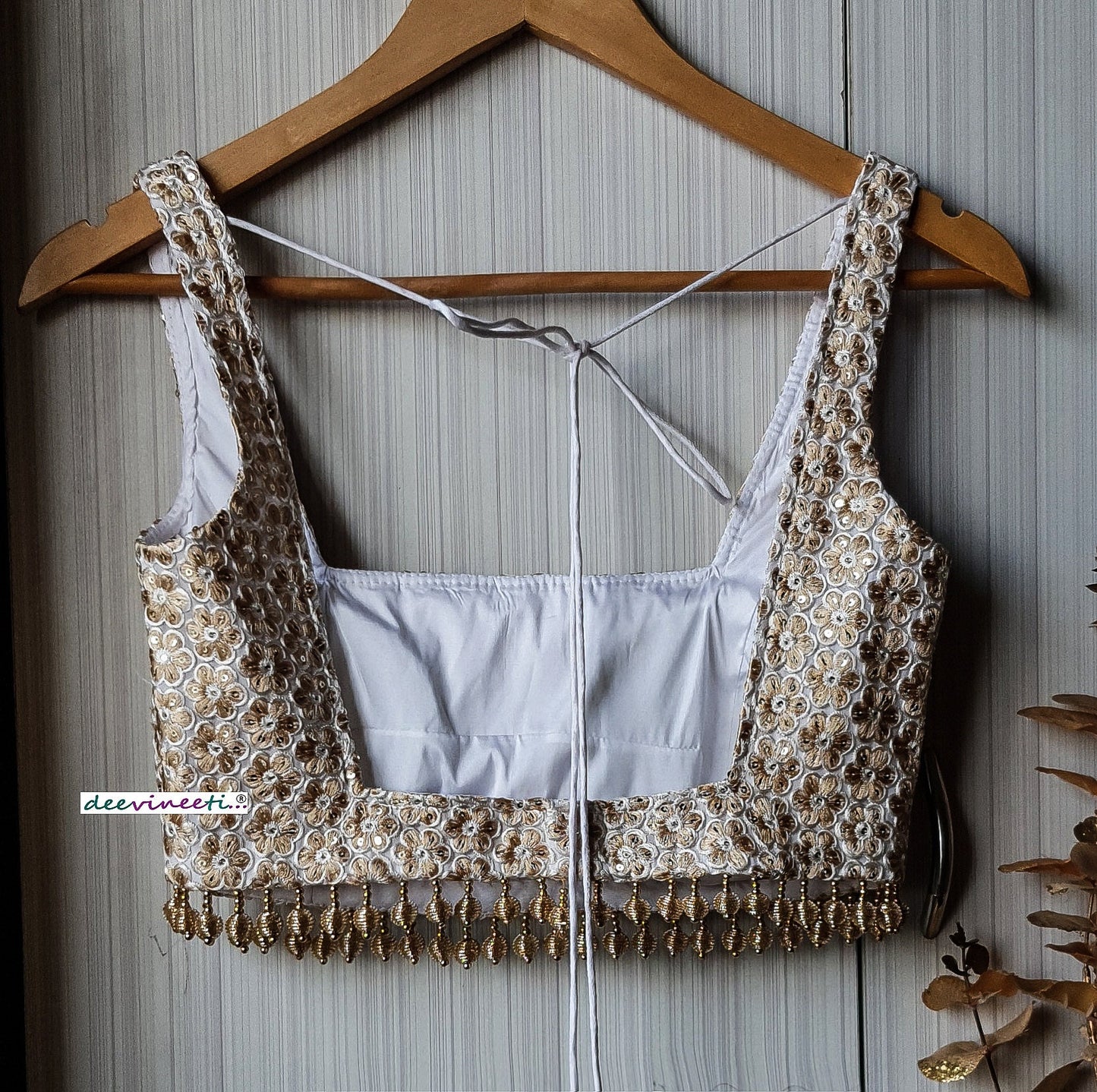 Embroidered White and Gold Square Neckline Blouse DVBL_238
