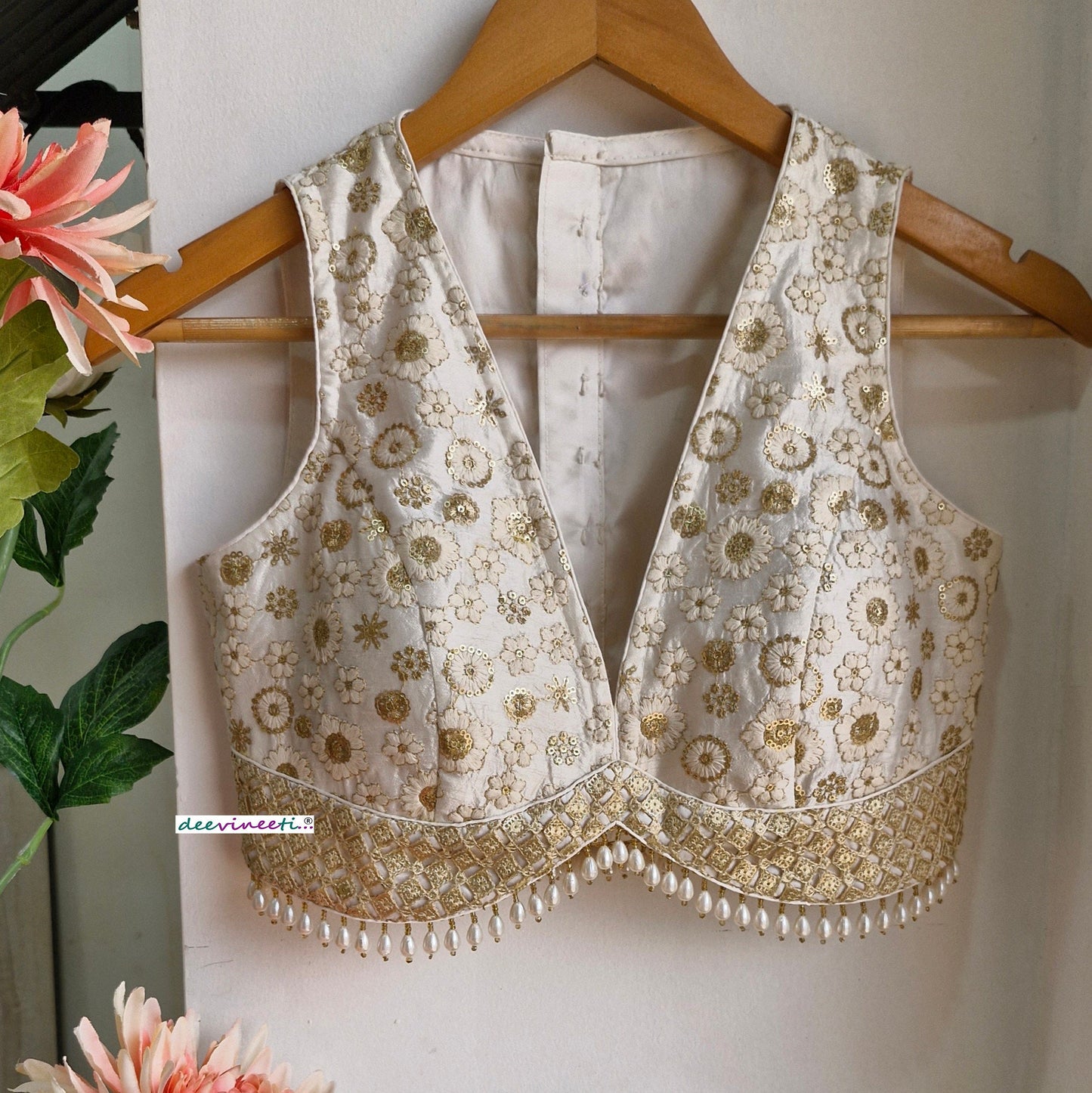 Off-White Embroidered Silk V Neck Blouse DVBL_313