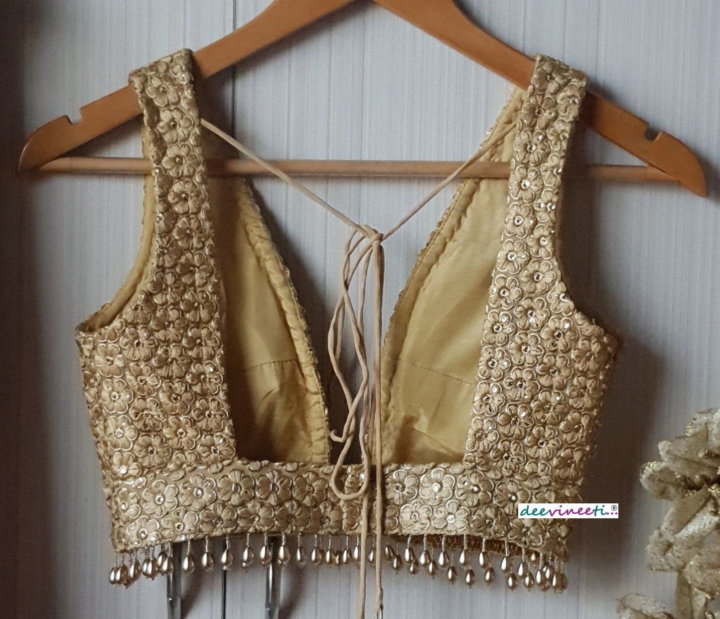 Embroidered Gold Plunge Neckline Blouse DVBL_139