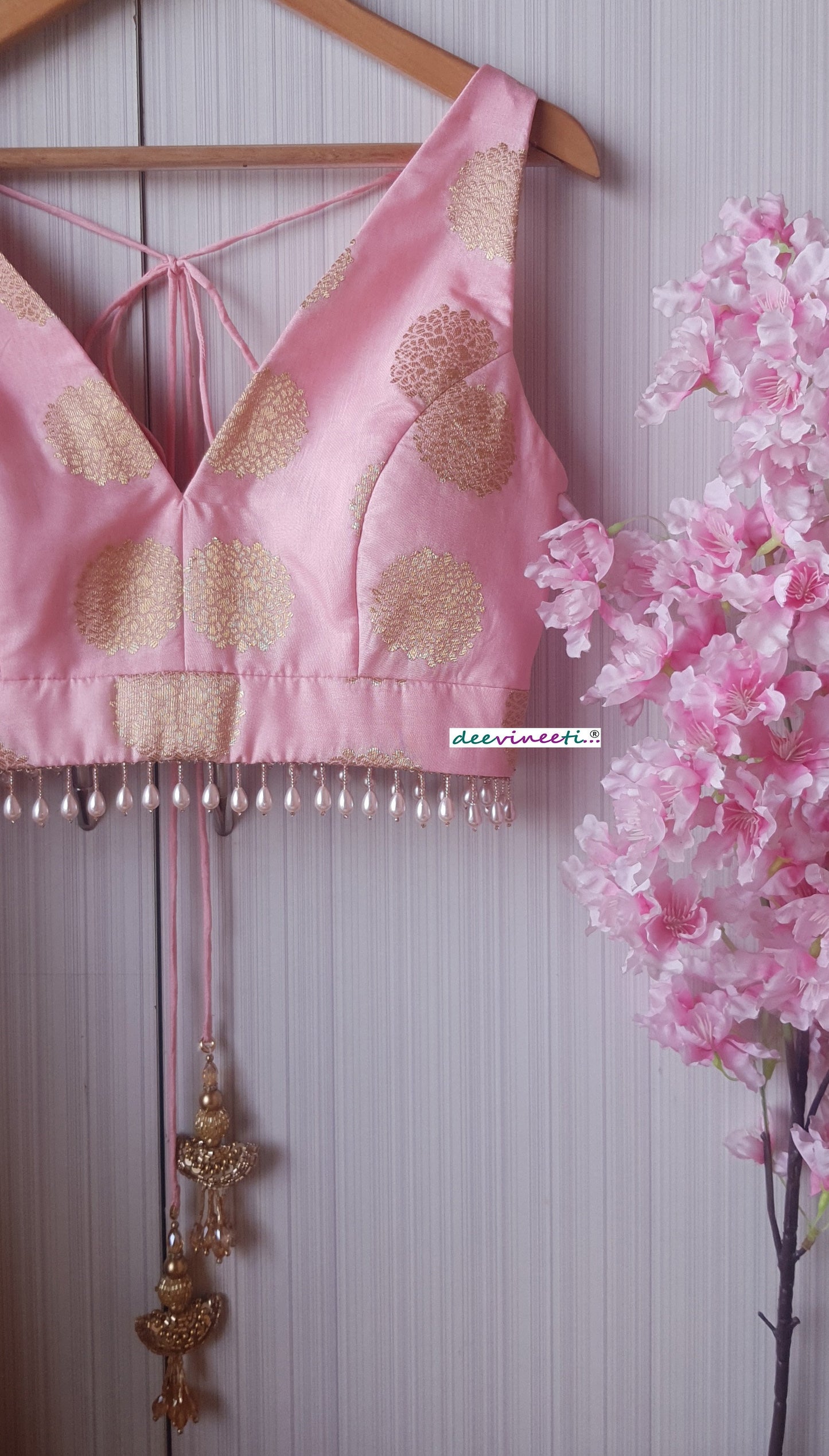 Pink Brocade Silk Blouse V Neck DVBL_192