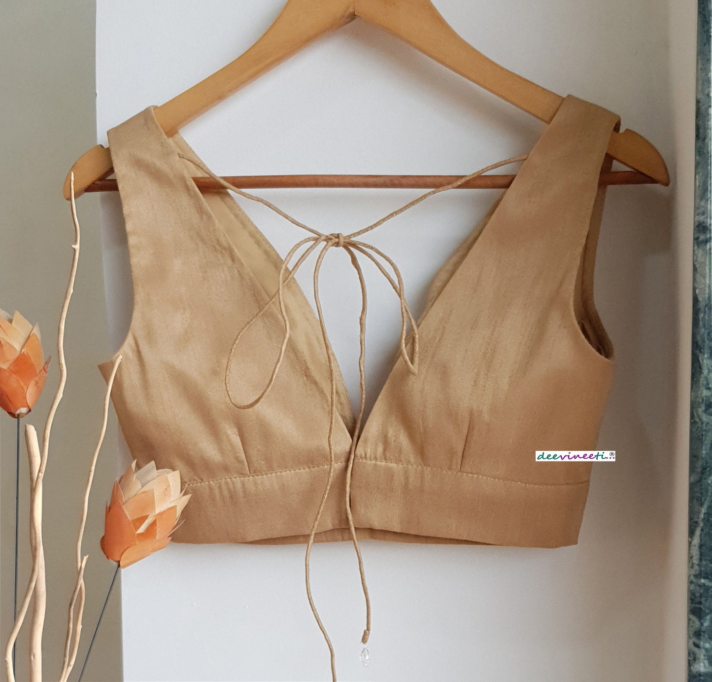 Raw Silk Blouse Plunge Neck Solid Blouse DVBL_273