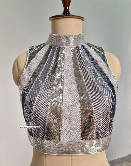 Hand Embroidered Grey Silver Blouse High Neck Sleeveless DVBL_398